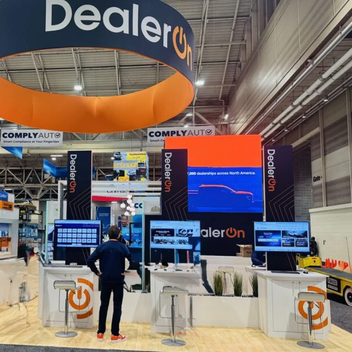 Large LED video wall rental installed at a Space Coast trade show in Palm Bay, delivering seamless visuals for brand presentations.